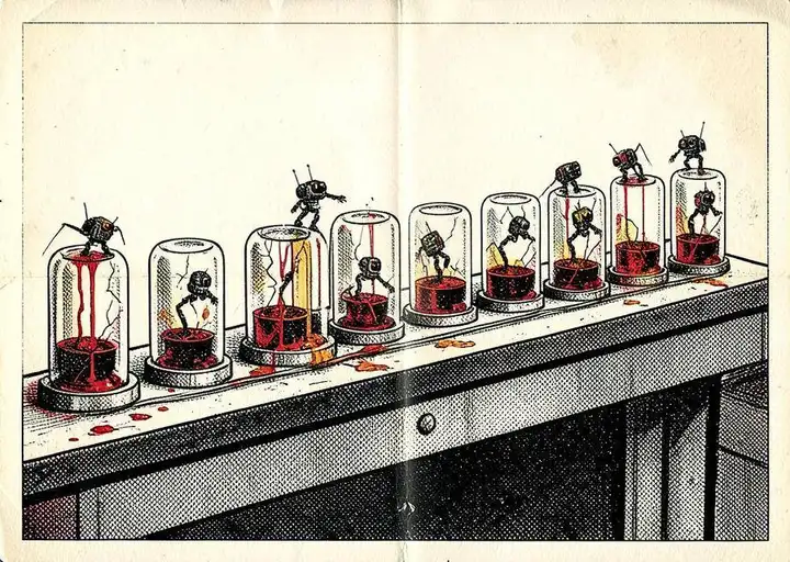 Pulp illustration of a long row of glass test chambers on a bench, ten cracked open with small robots stepping out onto a wire