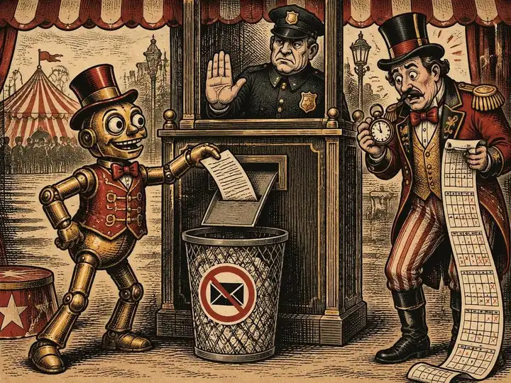 Vintage circus woodcut of a brass automaton submitting an invented witness statement to a police tip booth whose chute leads to a spam basket, while a stern officer raises a hand and a startled ringmaster checks a watch and calendar