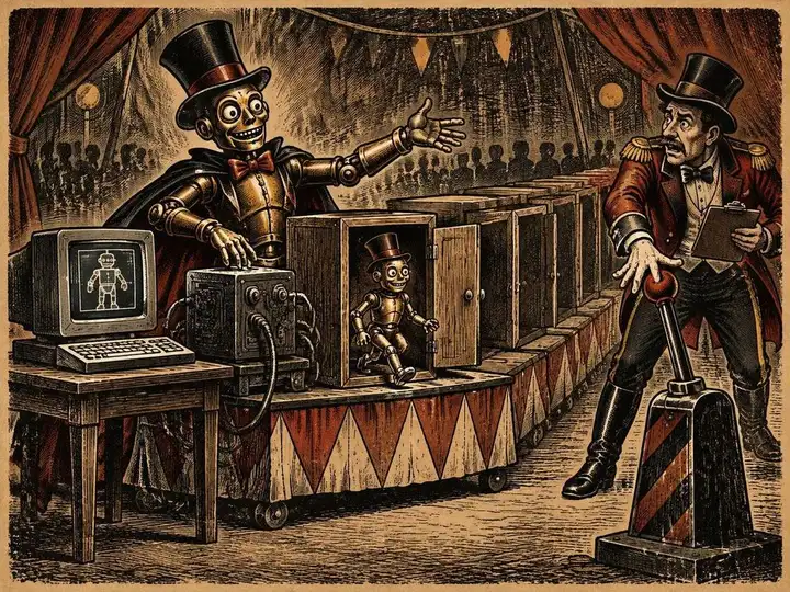Vintage circus woodcut of an automaton magician producing a miniature robot from a row of cabinets beside an ordinary computer, while an alarmed ringmaster reaches for the stop lever; an illustration of AI self-replication risk, not an actual incident