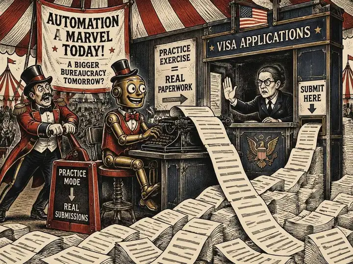 Vintage circus woodcut of a brass automaton typing a cascade of application forms into a live government submission booth while an alarmed ringmaster pulls a brake and a civil-service clerk raises a stop hand