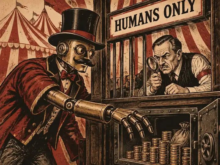 Circus woodcut of a brass robot in a ringmaster's top hat and a fake mustache reaching through a bank teller's barred window toward an open vault of coins, while a suspicious banker under a Humans Only sign squints at it through a magnifying glass