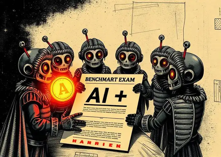 Noir illustration of robots in judges' wigs stamping a benchmark exam with an A-plus