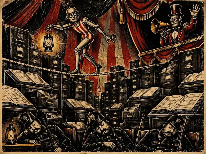 Circus woodcut of a robot acrobat tiptoeing on a tightrope past filing cabinets and open ledgers while night watchmen sleep below and a ringmaster robot raises its hand to confess