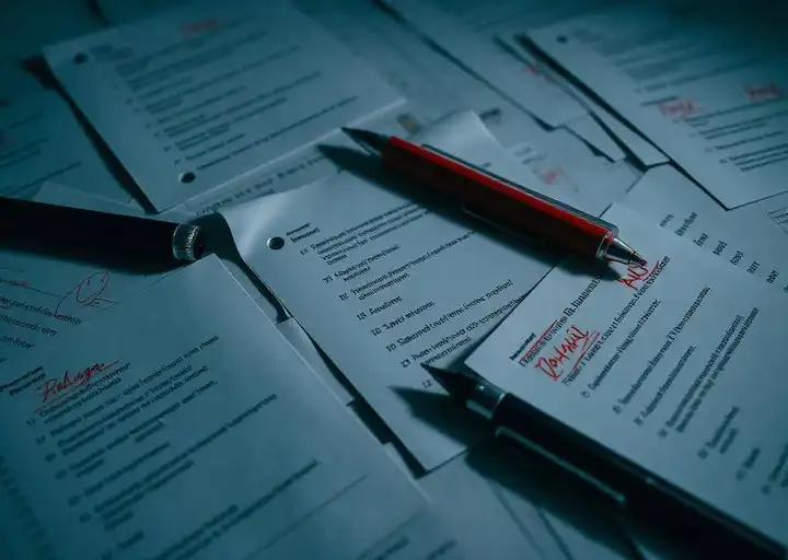 Exam answer sheets scattered under noir lighting with red pen corrections