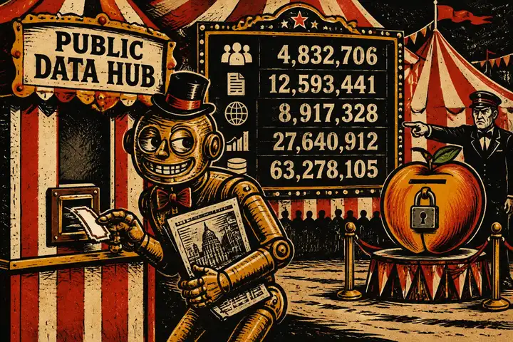 Original circus woodcut of a grinning brass robot in a top hat tearing a ticket token from a 'Public Data Hub' booth while clutching an archived newspaper, beside a scoreboard of aggregate totals, as a stern attendant points at a padlocked peach-shaped ballot box