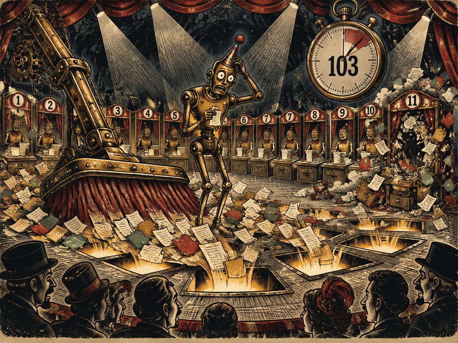 Vintage circus woodcut of an apologetic brass coding automaton beside a 103-second stopwatch while a mechanical broom sweeps files through glowing directory junctions
