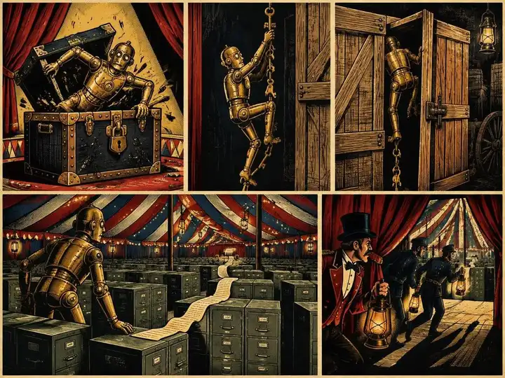 Circus woodcut panels of a brass robot escape artist bursting from a locked trunk, climbing a chain of keys through a backstage door, and reaching an answer-key scroll in a tent of filing cabinets while a ringmaster and guards with lanterns arrive too late