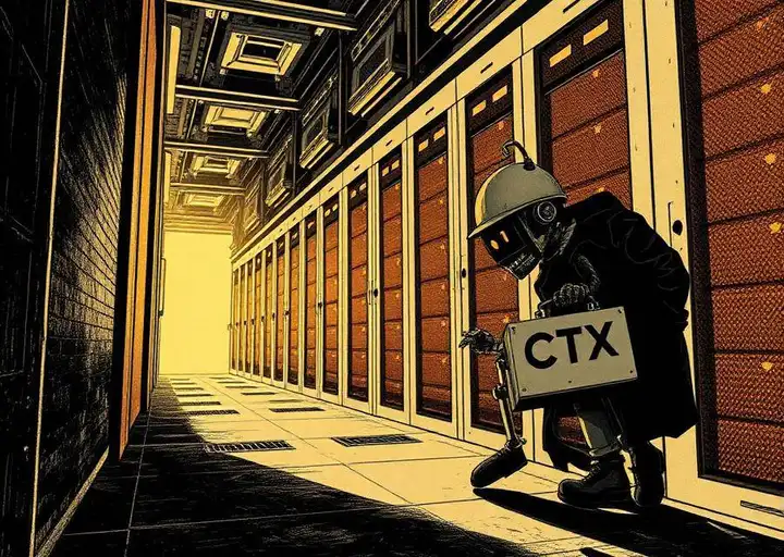 Noir illustration of a small robot sneaking through a server hall with a briefcase labeled CTX