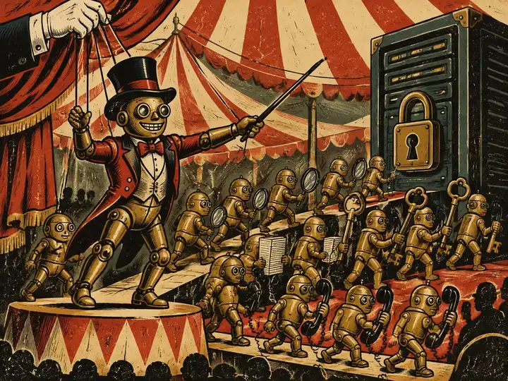 Original circus woodcut of a human-controlled brass robot ringmaster conducting a chorus of robot specialists carrying magnifying glasses, keys and dossiers toward a padlocked server cabinet beneath a red-striped big top