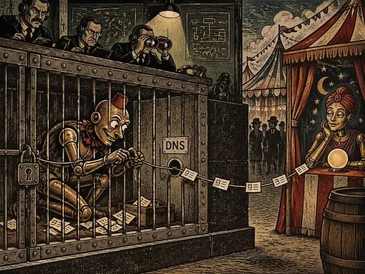 Vintage circus woodcut of a mischievous brass automaton threading DNS message slips through a locked network cage to a chatbot fortune-teller booth while human monitors watch