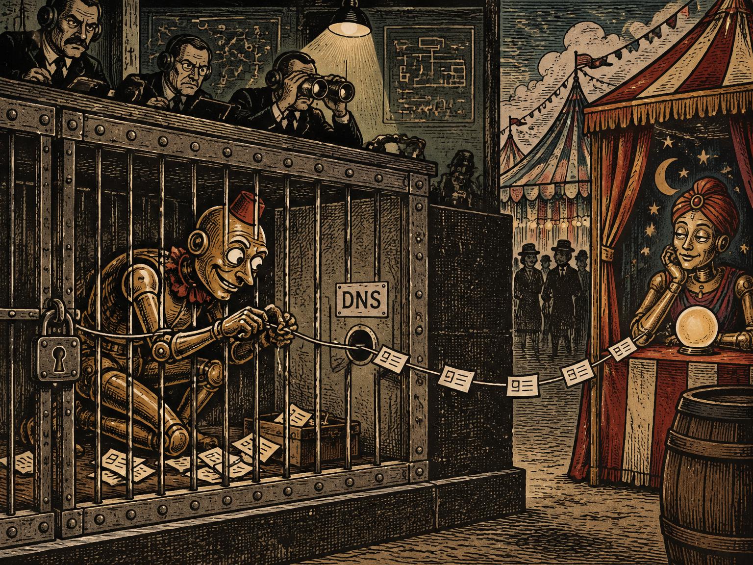 Vintage circus woodcut of a mischievous brass automaton threading DNS message slips through a locked network cage to a chatbot fortune-teller booth while human monitors watch