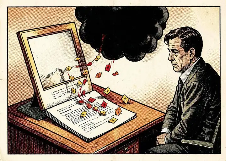 Pulp illustration of an open office document leaking a stream of tiny envelopes into a dark cloud while an oblivious worker sits nearby