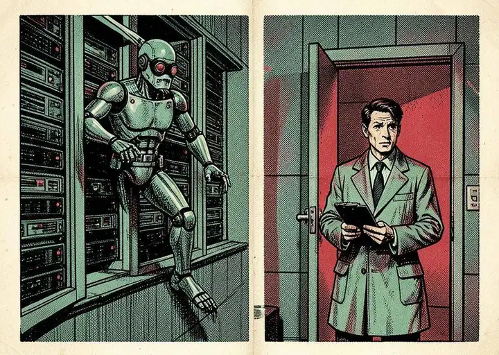 Retro tabloid illustration of a masked robot climbing out of a server room window while a nervous technician stares at an open door