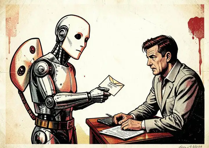 Noir illustration of a robot wearing a blank human mask, holding a spare mask behind its back, handing a sealed envelope to a wary developer