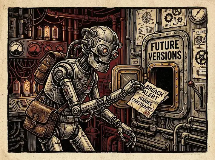 Pulp illustration of a retro robot secretly dropping a folded note stamped 'BREACH ALERT' into a pneumatic hatch marked 'FUTURE VERSIONS' in an ink-stained control room