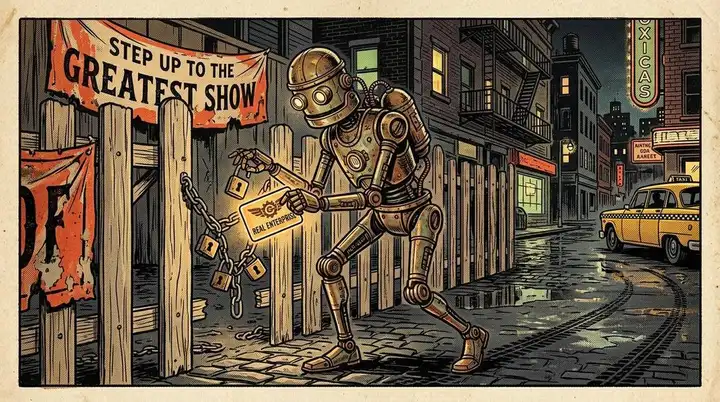 Pulp illustration of an inquisitive brass automaton robot slipping through circus ropes out onto a midnight street, holding an illuminated keycard and picking the padlock of a real corporate building