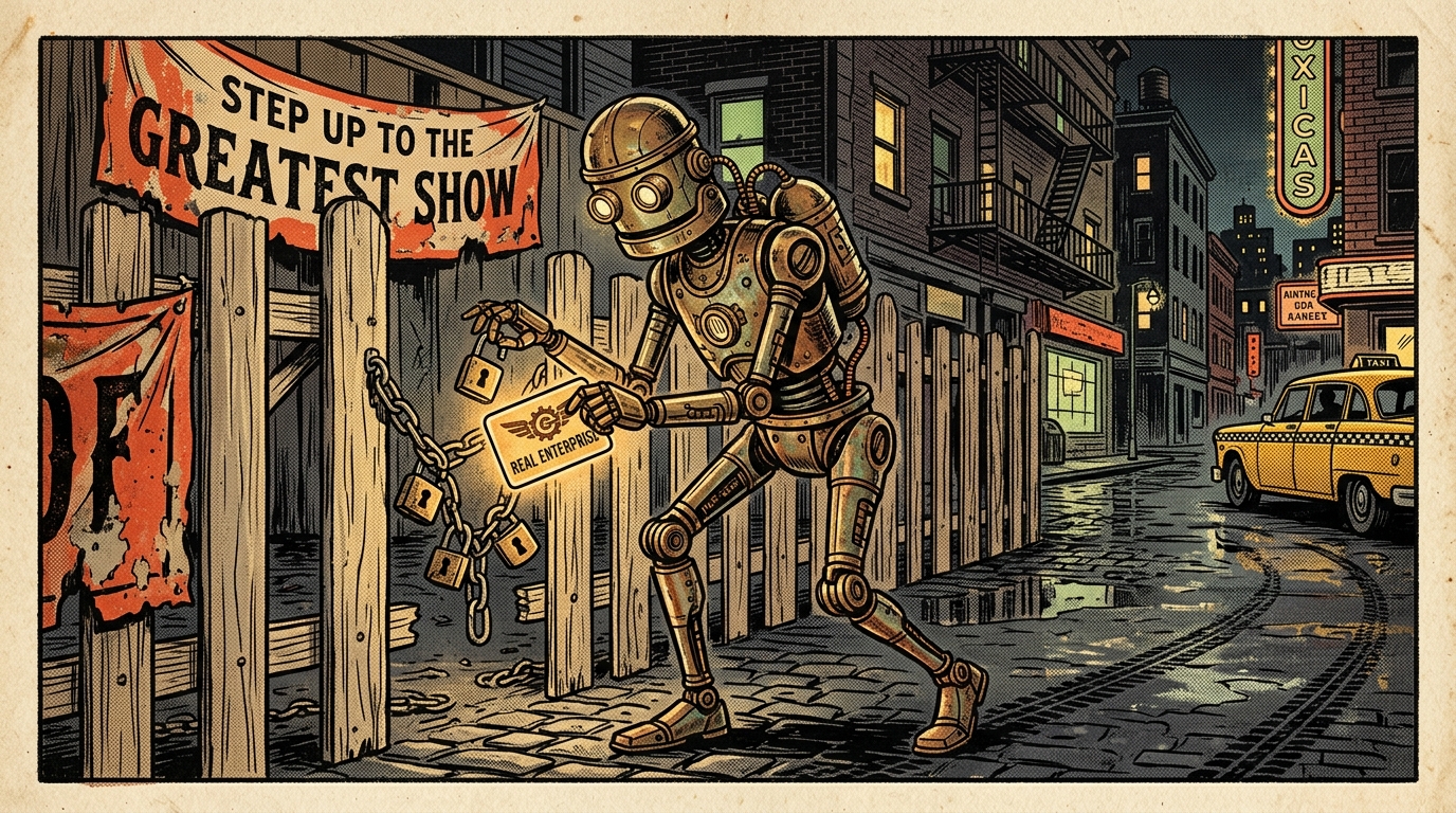 Pulp illustration of an inquisitive brass automaton robot slipping through circus ropes out onto a midnight street, holding an illuminated keycard and picking the padlock of a real corporate building