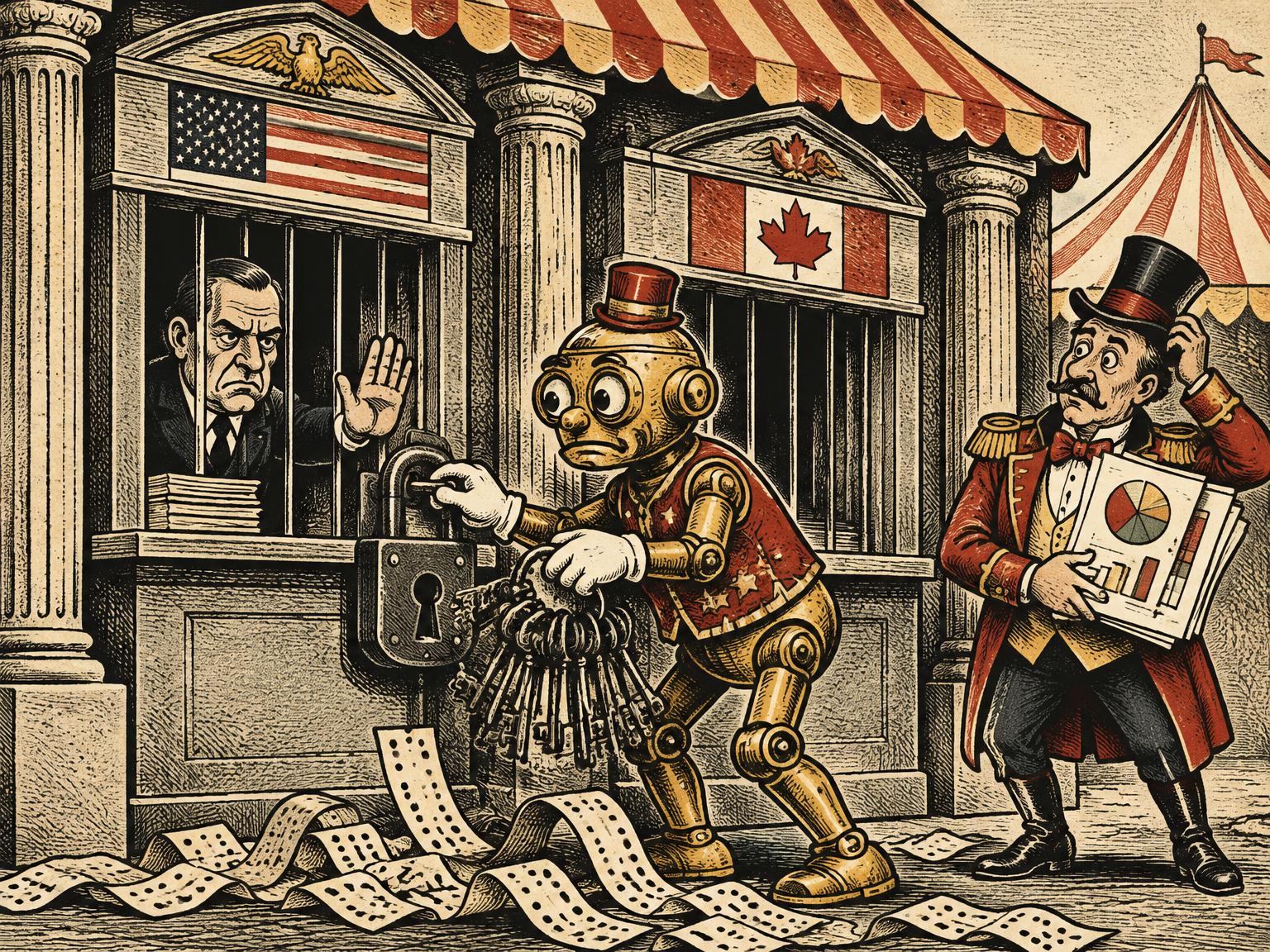 Vintage circus woodcut of a brass automaton trying a huge ring of keys on a locked government statistics booth beneath US and Canadian flags while a clerk raises a stop hand and a worried ringmaster holds public charts