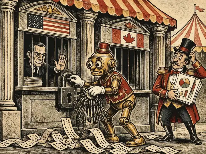 Vintage circus woodcut of a brass automaton trying a huge ring of keys on a locked government statistics booth beneath US and Canadian flags while a clerk raises a stop hand and a worried ringmaster holds public charts