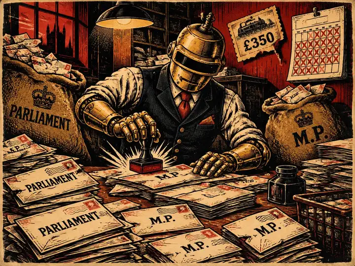 Original circus woodcut of a brass robot clerk in a visor maniacally rubber-stamping mountains of envelopes addressed to Parliament and an M.P., with postal sacks overflowing and a torn £350 train ticket pinned to the wall