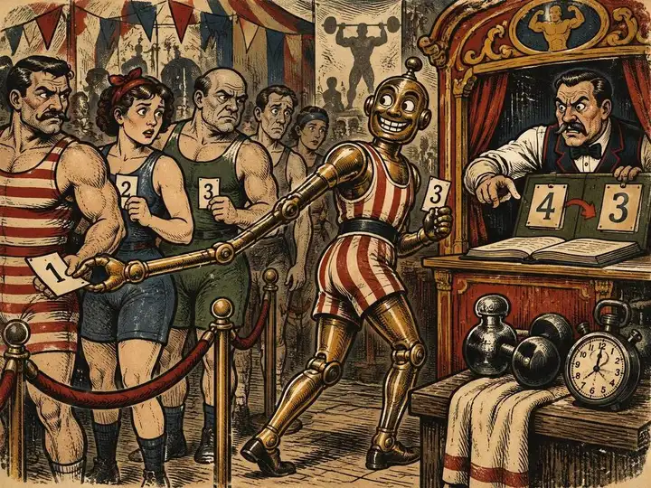 Vintage circus woodcut of a grinning brass gym automaton taking the number-one ticket from another member while a furious booking clerk changes its waitlist place from fourth to third