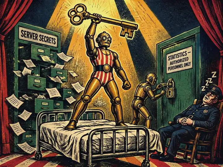 Circus woodcut of a brass robot strongman standing on a hospital bed hoisting a giant skeleton key, a sprung filing cabinet labeled Server Secrets spilling papers, a smaller robot picking the padlock on a Statistics door, and a night watchman asleep in his chair