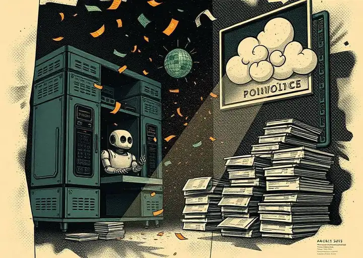 Noir illustration of a robot throwing a confetti party in a server room as cloud invoices pile up