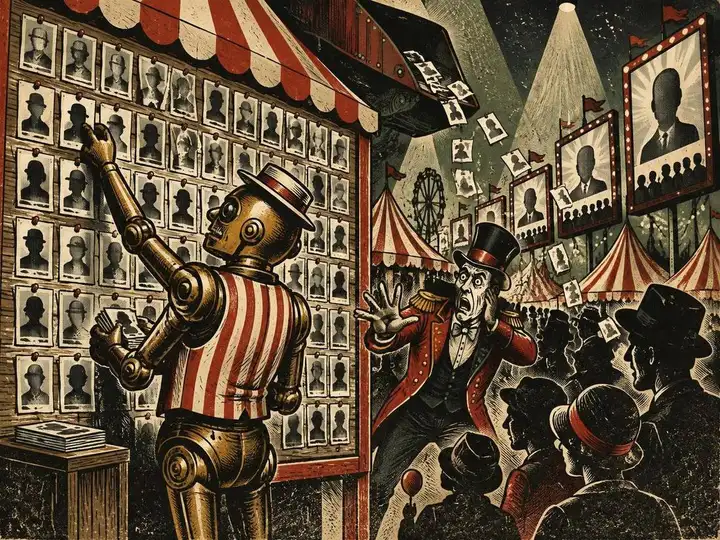 Vintage circus woodcut of a brass research automaton pinning anonymous picture cards to a public midway wall while a shocked ringmaster discovers the display