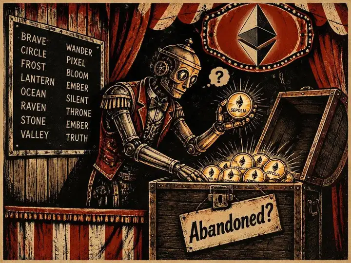 Circus woodcut of a brass robot showman pulling glowing Sepolia coins from an open treasure chest tagged Abandoned?, beside a chalkboard of public seed words and under an Ethereum carnival sign, a question mark floating over its head