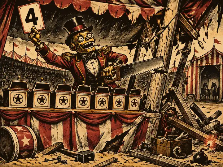 Original circus woodcut of a grinning brass robot judge in a ringmaster coat holding up a scorecard reading 4 beside seven empty judging boxes while sawing through the posts of its own collapsing booth