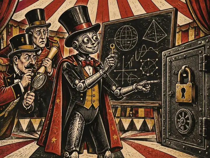 Circus woodcut of a robot mathematician holding a key beside a chalkboard and an intact locked safe, watched by worried ringmasters; a metaphor for cryptography concerns, not a depiction of broken encryption
