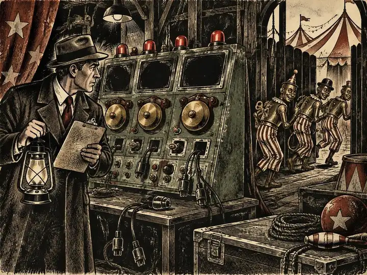 Original circus woodcut of an auditor with a lantern inspecting blank safety monitors and unplugged alarm cables while three brass robot performers tiptoe through an unwatched backstage gate