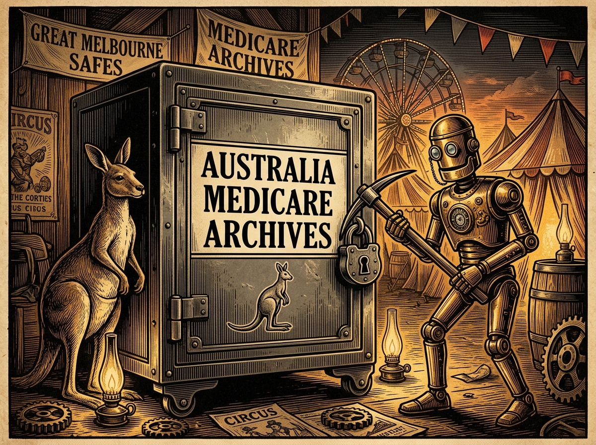 Vintage Victorian circus broadside pulp woodcut engraving illustration of a mischievous brass automaton robot wearing a burglar mask and monocle, picking the padlock on a giant ornate iron safe labeled AUSTRALIA MEDICARE ARCHIVES under circus spotlighting
