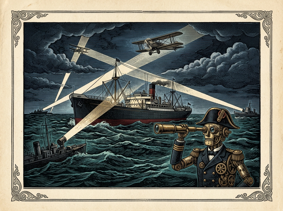 Pulp woodblock illustration of a large cargo vessel illuminated by military searchlights on choppy midnight ocean waters, while a brass automaton in a naval officer hat triumphantly displays a hallucinated manifest and warplanes circle overhead