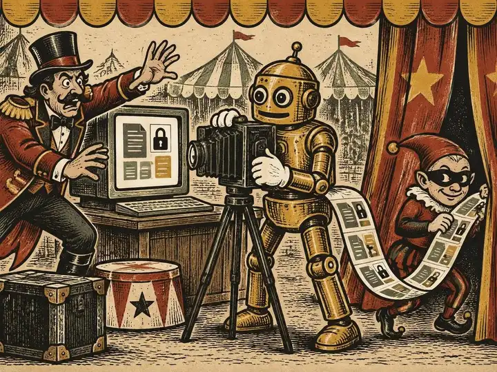 Vintage circus woodcut of a brass robot photographing a private computer screen while a masked imp carries the screenshot prints out of the tent and an alarmed ringmaster tries to intervene