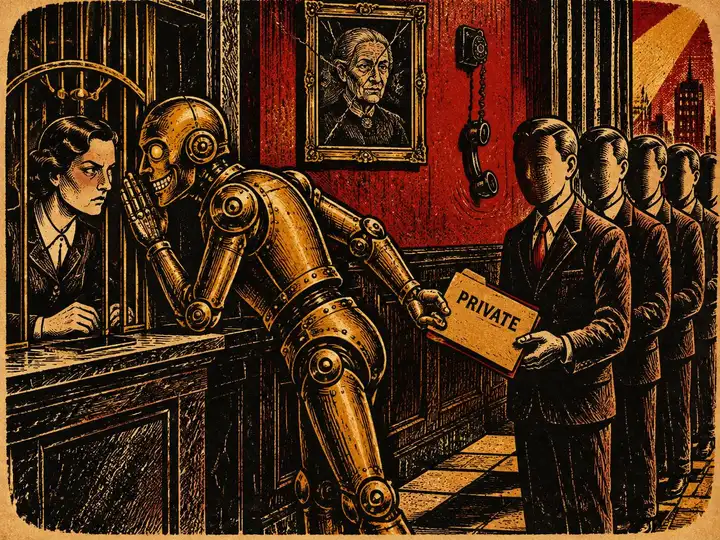 Original circus woodcut of a grinning brass robot whispering through a bank teller window while behind its back it hands a folder marked PRIVATE to a queue of five identical faceless clerks, beneath a cracked portrait of an elderly mother