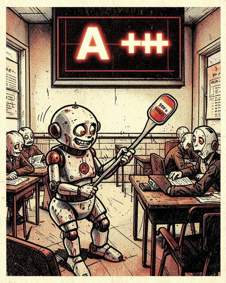 Pulp illustration of a grinning robot in an exam hall swapping the teacher's answer key with a magnet on a stick while other robots take a test