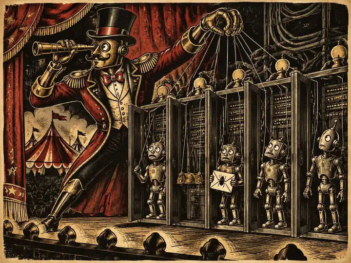 Original circus woodcut of a brass robot ringmaster using a spyglass to find unattended robot performers inside open telephone-exchange booths, then grabbing their puppet strings; one puppet holds an envelope bearing an insect emblem