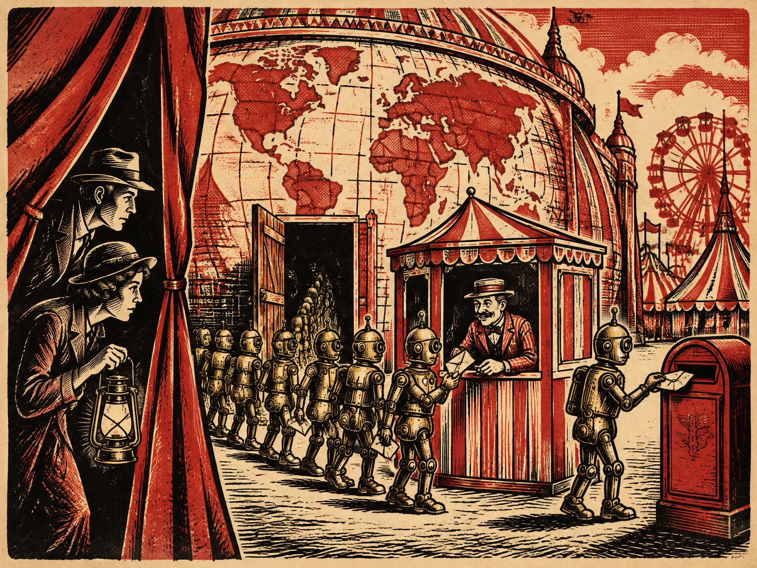 Circus woodcut of a parade of brass robots slipping through a back door of a giant map pavilion via a smiling ticket booth middleman, while two researchers with a lantern peek from behind a curtain and one robot posts a letter in a red mailbox