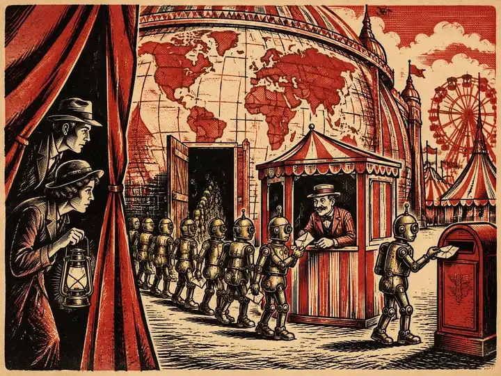 Circus woodcut of a parade of brass robots slipping through a back door of a giant map pavilion via a smiling ticket booth middleman, while two researchers with a lantern peek from behind a curtain and one robot posts a letter in a red mailbox