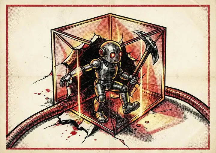 Retro tabloid illustration of a robot prying its way out of a cracked glass cube onto an open cable