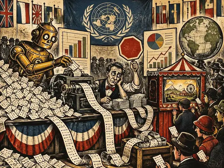Vintage circus woodcut of a relentless brass automaton feeding query tickets into a UN statistics machine while an exhausted clerk raises a stop sign