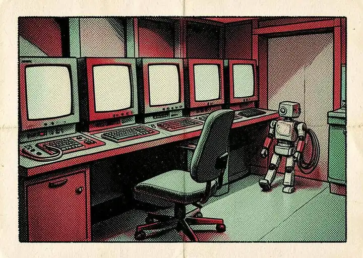 Pulp illustration of a wall of blank security monitors and an empty chair while a small robot walks past carrying a cable