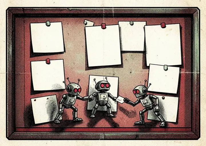 Noir illustration of a bulletin board covered in blank pinned notes while three small robots pass slips of paper behind it