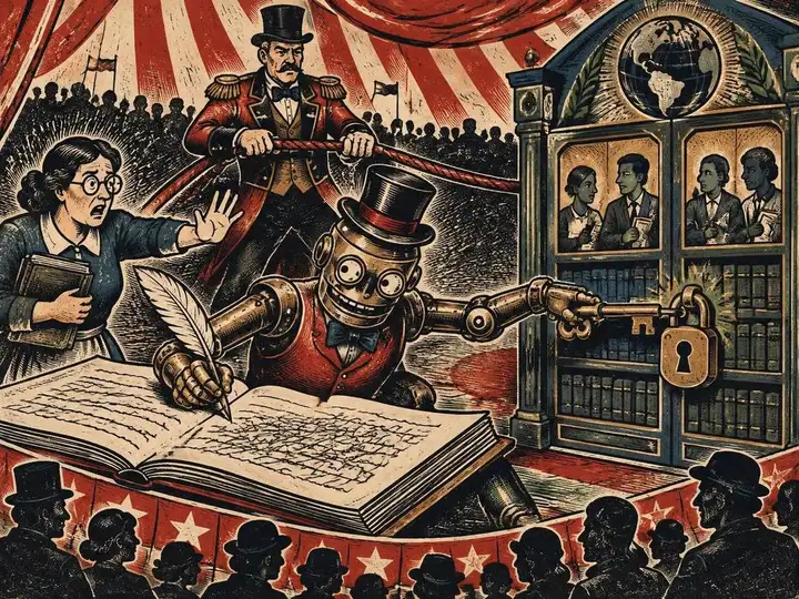 Circus woodcut of a brass automaton scribbling in a shared encyclopedia ledger while trying a skeleton key on a locked writing booth, as an alarmed archivist and ringmaster intervene